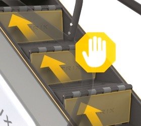 Моментальная остановка механизма в случае попадания любого предмета между ступеней Моментальная остановка механизма в случае попадания любого предмета между ступеней